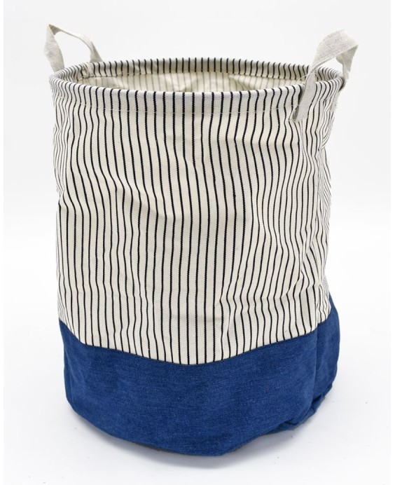 Cesta biancheria in tessuto jeans e righe blu diametro 30cm