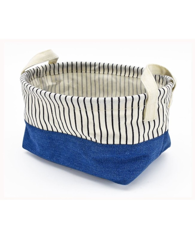Cestino ovale in tessuto jeans e righe blu 16x15xH9cm